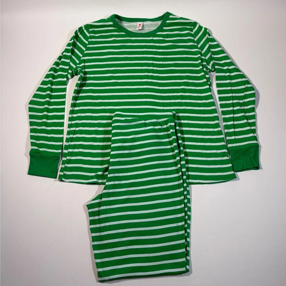 Hanna Andersson Women's XL Green White Stripe Long John Pajama Set Cotton